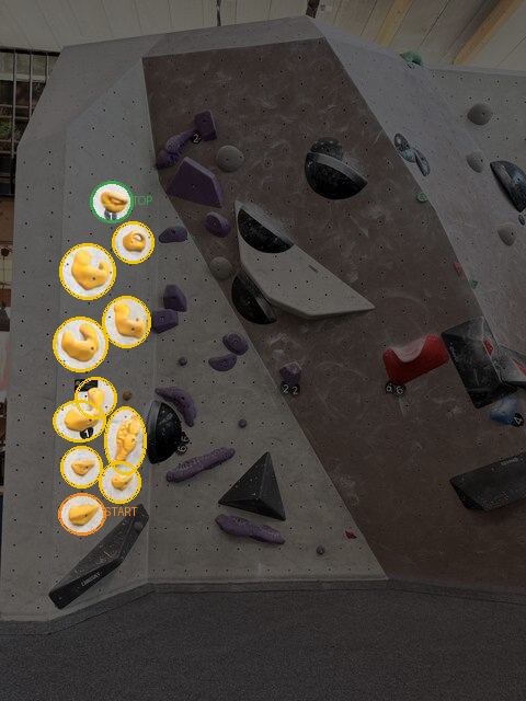 Hallenfoto mit automatisch erkannter Boulder-Route: markierte Griffe, Start und Top
